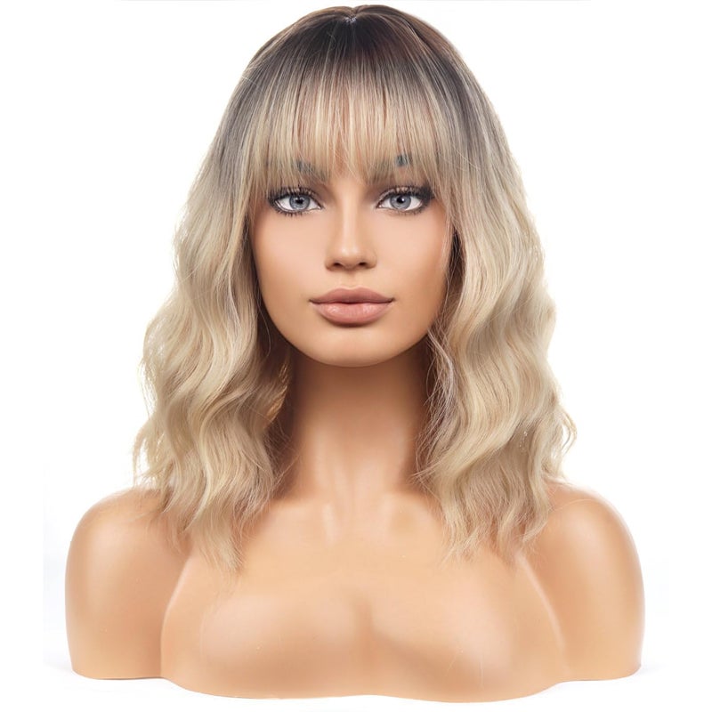 BERON Blonde Ombre Short Wigs Curly Shoulder Length Wig with Bangs Ombre Color Wavy Hair Wigs 35 cm/14 Inch Women's Synthetic Wigs Daily Party Use - Image 2